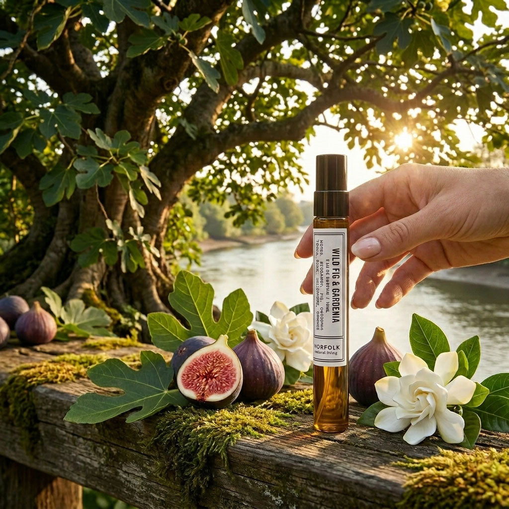 Woman holding Wild Fig & Gardenia natural perfume made in Norfolk