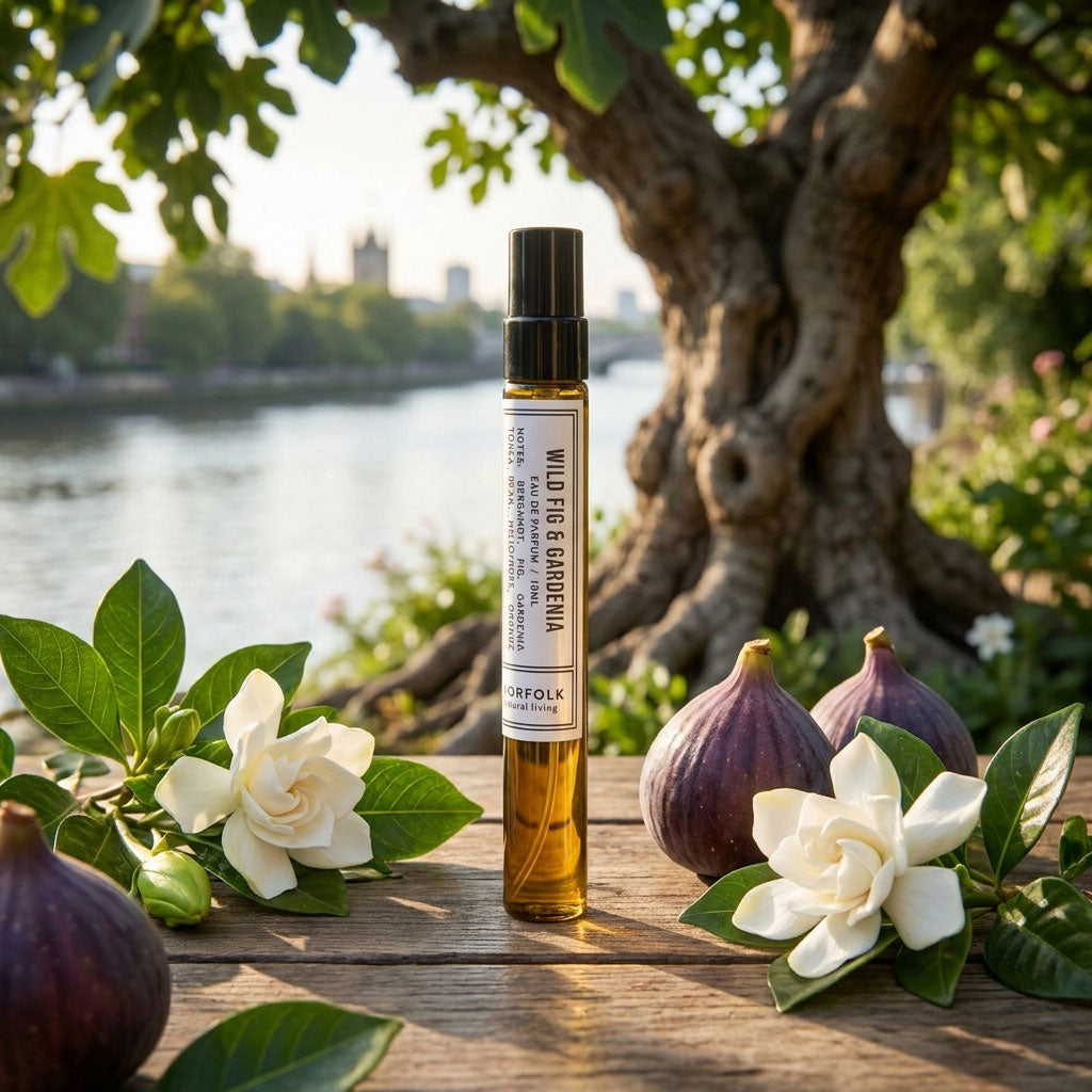 Wild Fig & Gardenia natural perfume surrounded by fresh figs and gardenia blooms

