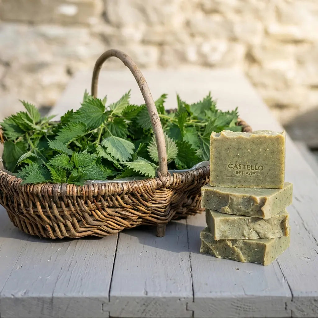Castello de Haye Wild Nettle & Verbena soap bar 200g unwrapped, surrounded by a rustic basket of fresh wild nettles, natural handmade skincare