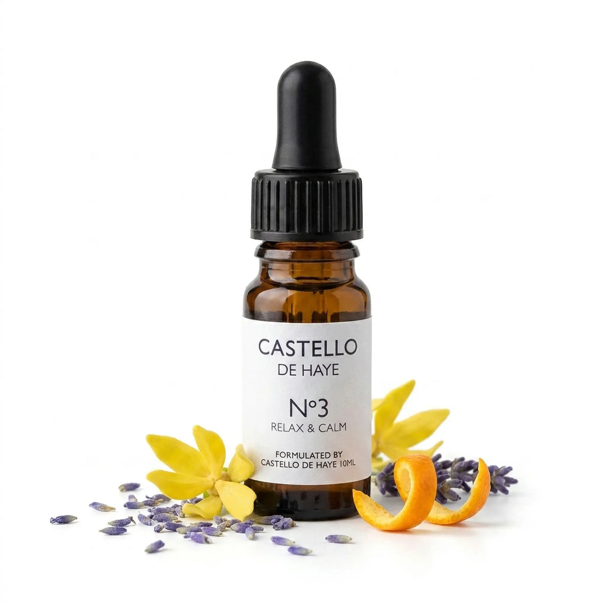 No.3 Relax & Calm essential oil blend 10ml amber apothecary bottle with ylang ylang flowers, lavender buds and sweet orange peel — Castello de Haye